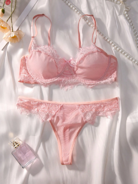 Contrast Lace Underwire Lingerie Set