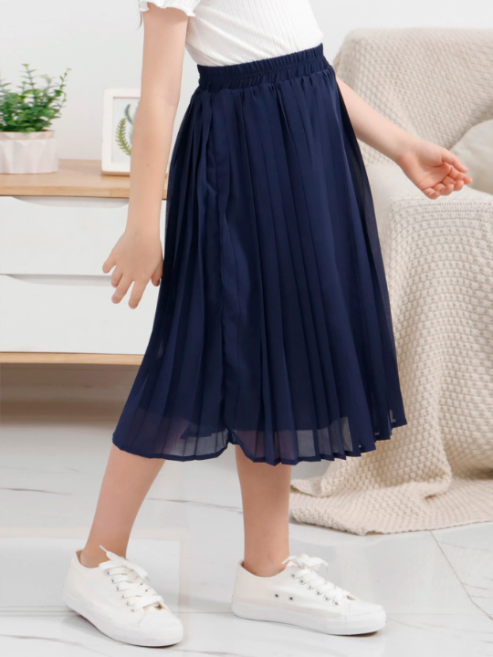 Tween Girl Chiffon Pleated Flared Skirt With Elastic Waistband, Bohemian Style, Perfect For Casual Outdoor Activities, Shopping, Strolling, Going Back To School, Dinner Gathering And Party