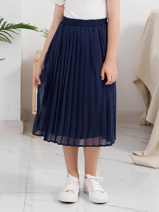 Tween Girl Chiffon Pleated Flared Skirt With Elastic Waistband, Bohemian Style, Perfect For Casual Outdoor Activities, Shopping, Strolling, Going Back To School, Dinner Gathering And Party