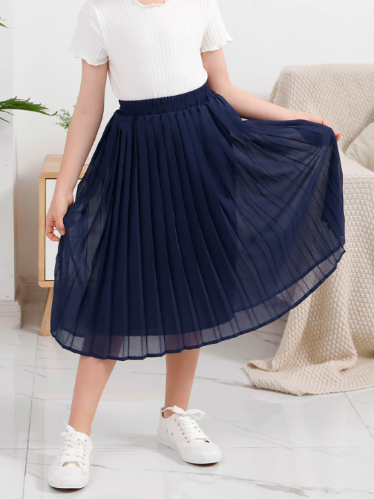 Tween Girl Chiffon Pleated Flared Skirt With Elastic Waistband, Bohemian Style, Perfect For Casual Outdoor Activities, Shopping, Strolling, Going Back To School, Dinner Gathering And Party