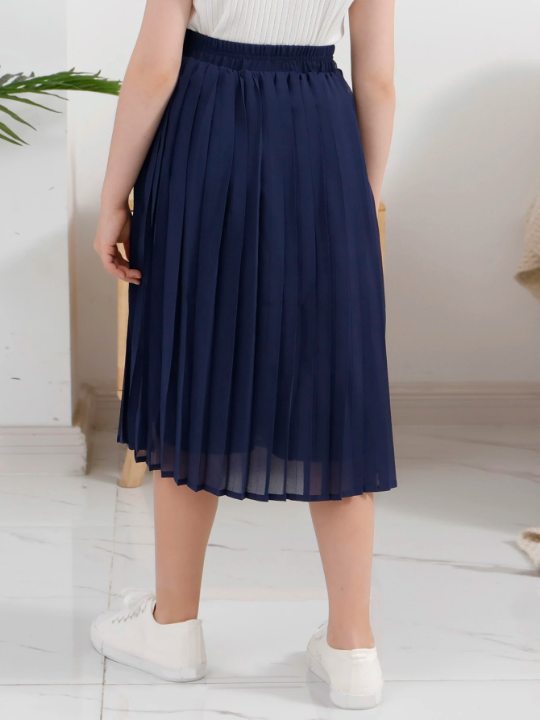 Tween Girl Chiffon Pleated Flared Skirt With Elastic Waistband, Bohemian Style, Perfect For Casual Outdoor Activities, Shopping, Strolling, Going Back To School, Dinner Gathering And Party