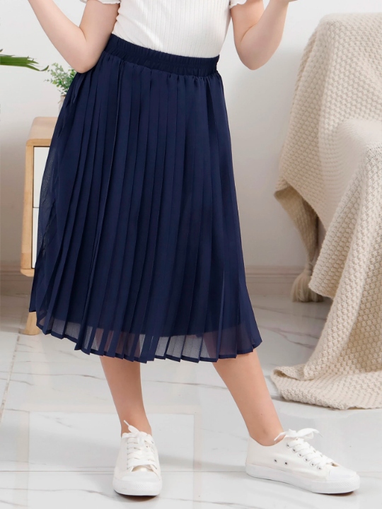 Tween Girl Chiffon Pleated Flared Skirt With Elastic Waistband, Bohemian Style, Perfect For Casual Outdoor Activities, Shopping, Strolling, Going Back To School, Dinner Gathering And Party