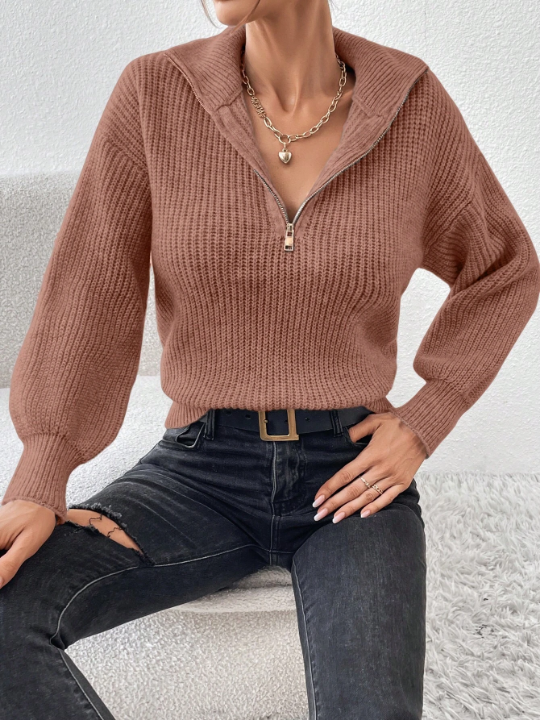 Frenchy Half Zip Ribbed Knit Drop Shoulder Sweater