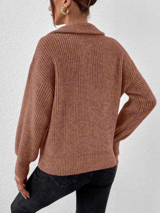 Frenchy Half Zip Ribbed Knit Drop Shoulder Sweater