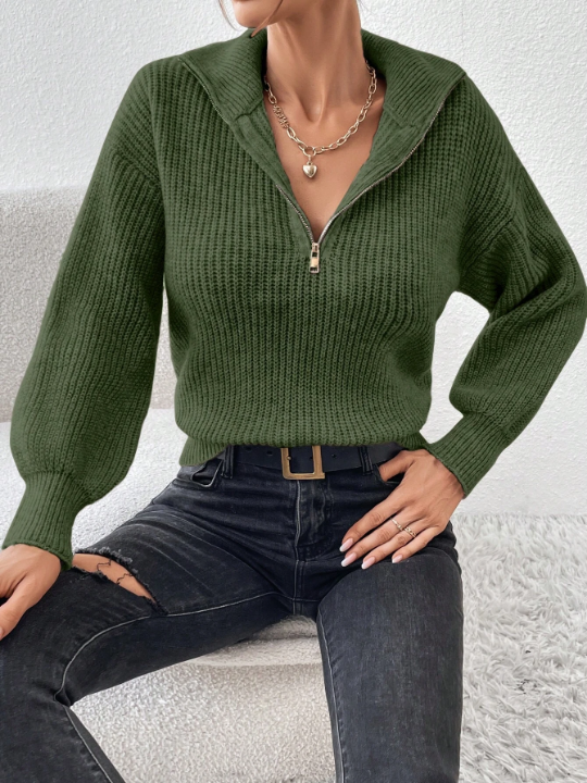 Frenchy Half Zip Ribbed Knit Drop Shoulder Green Collar Detail Lantern Sleeve Sweater