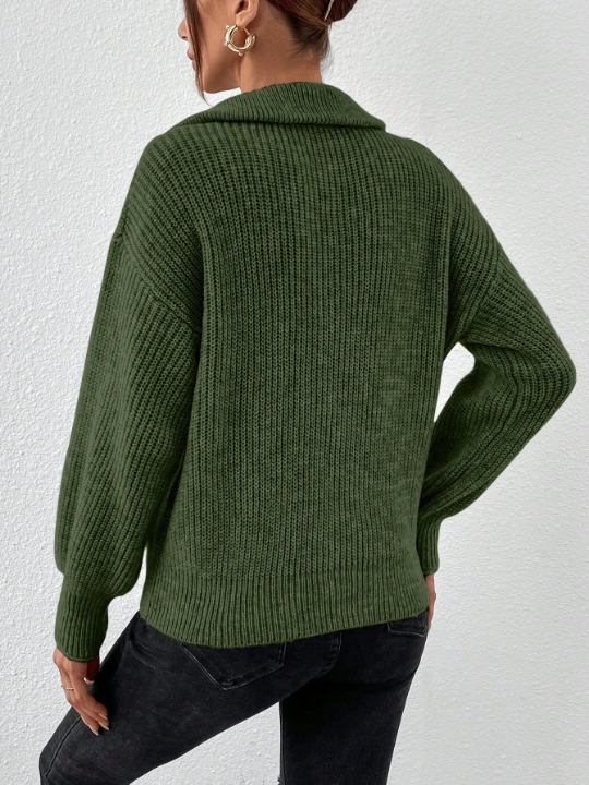 Frenchy Half Zip Ribbed Knit Drop Shoulder Green Collar Detail Lantern Sleeve Sweater