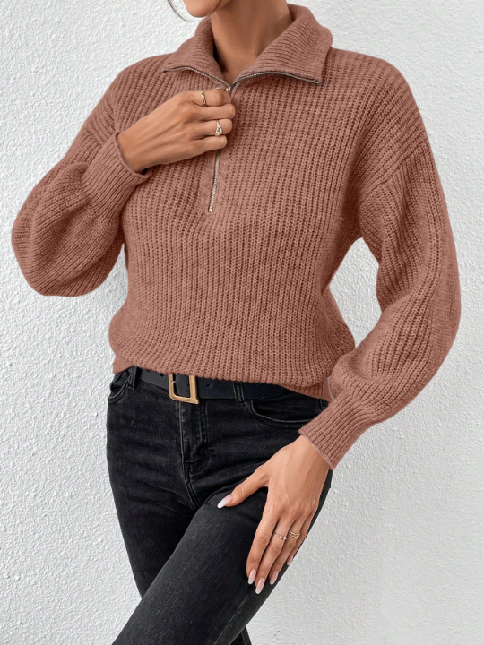 Frenchy Half Zip Ribbed Knit Drop Shoulder Sweater