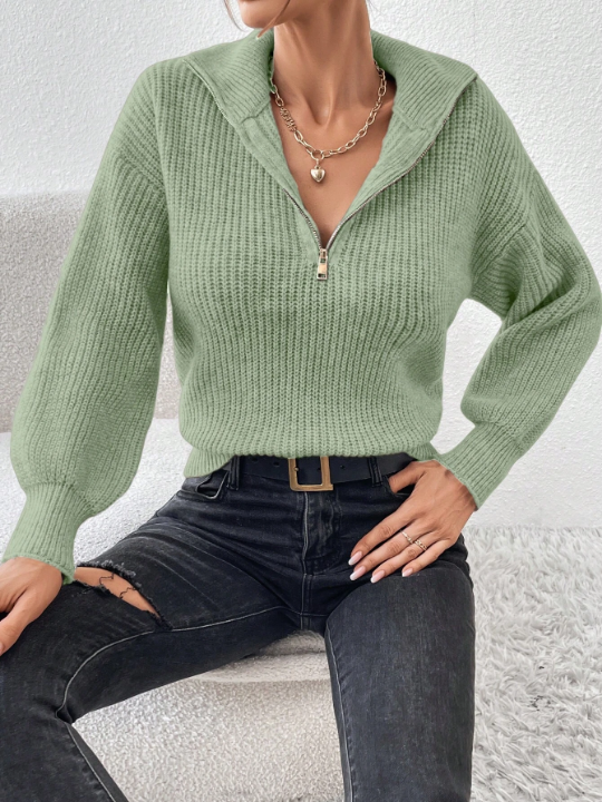 Frenchy Half Zip Ribbed Knit Drop Shoulder Green Collar Detail Lantern Sleeve Sweater