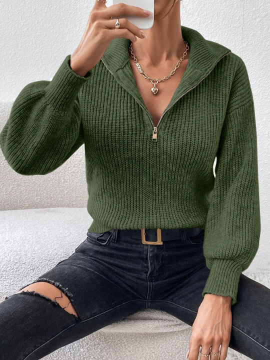 Frenchy Half Zip Ribbed Knit Drop Shoulder Green Collar Detail Lantern Sleeve Sweater