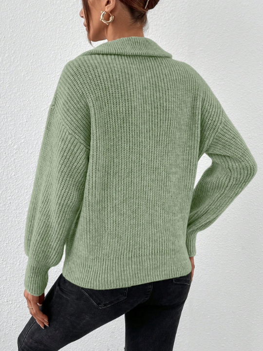 Frenchy Half Zip Ribbed Knit Drop Shoulder Green Collar Detail Lantern Sleeve Sweater