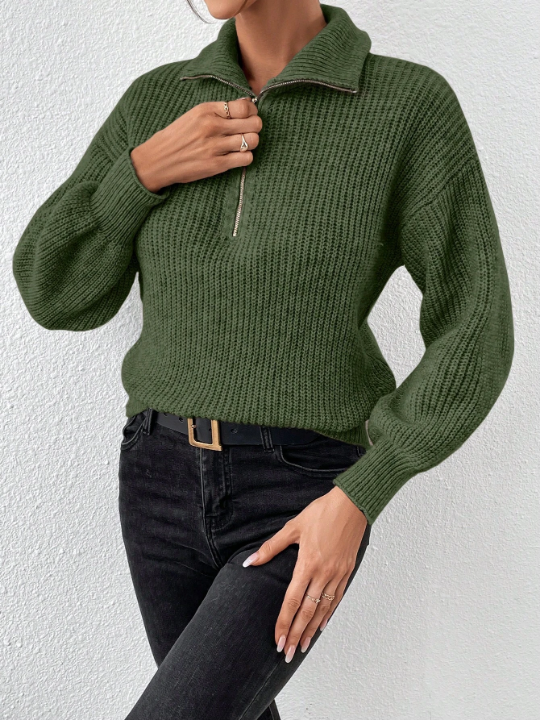 Frenchy Half Zip Ribbed Knit Drop Shoulder Green Collar Detail Lantern Sleeve Sweater