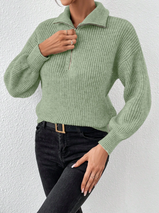 Frenchy Half Zip Ribbed Knit Drop Shoulder Green Collar Detail Lantern Sleeve Sweater