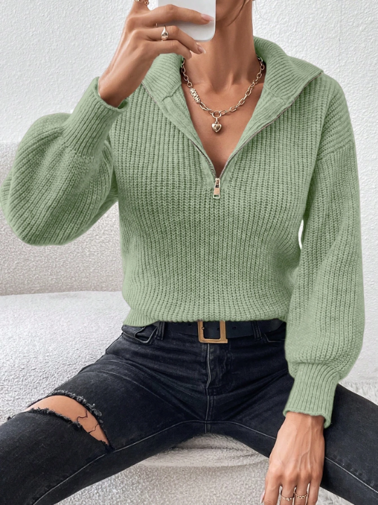 Frenchy Half Zip Ribbed Knit Drop Shoulder Green Collar Detail Lantern Sleeve Sweater