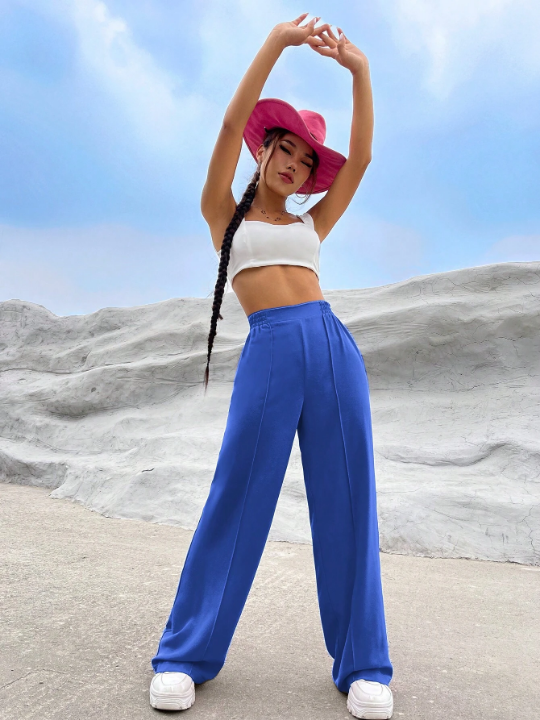 EZwear Solid High Waist Wide Leg Pants