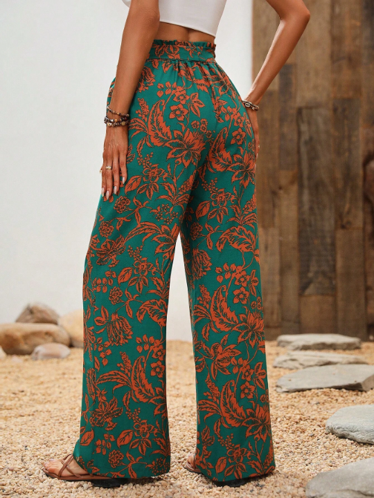 VCAY Floral Print Belted Wide Leg Pants