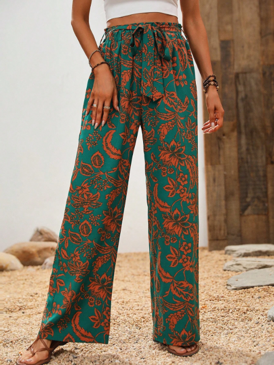 VCAY Floral Print Belted Wide Leg Pants