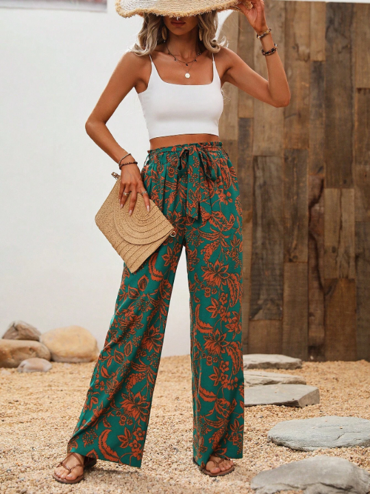 VCAY Floral Print Belted Wide Leg Pants