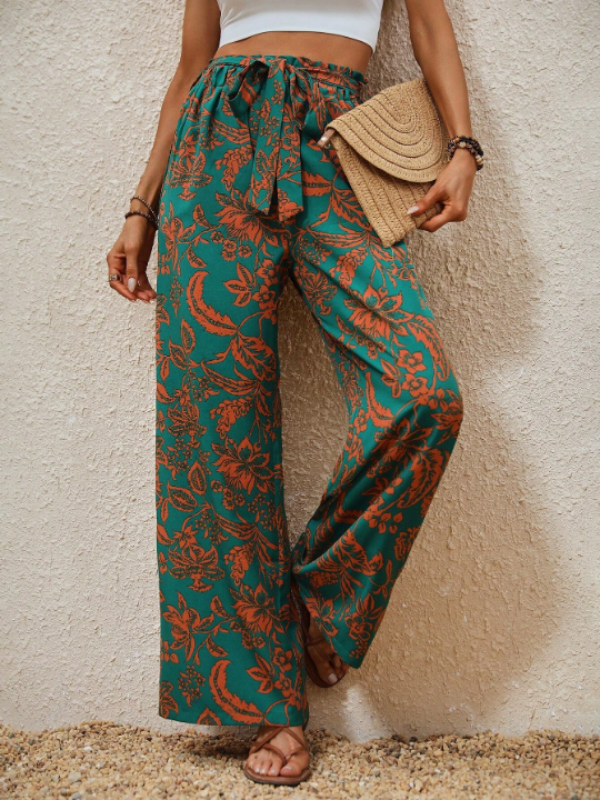 VCAY Floral Print Belted Wide Leg Pants