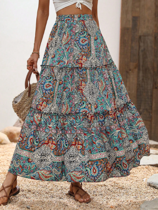 VCAY Paisley Print Ruffle Hem Skirt