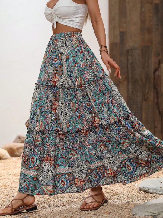 VCAY Paisley Print Ruffle Hem Skirt