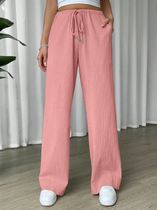 EZwear Linen Drawstring Waist Slant Pocket Wide Leg Pants