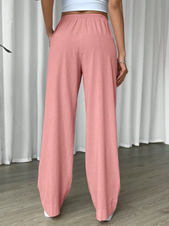 EZwear Linen Drawstring Waist Slant Pocket Wide Leg Pants