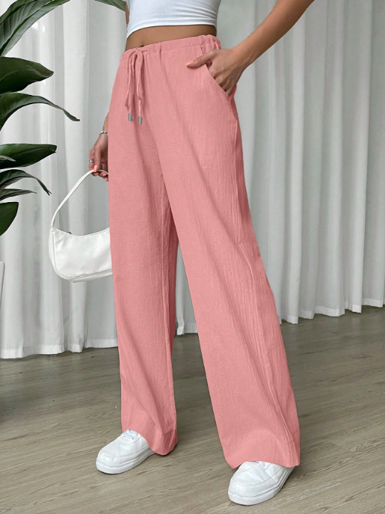 EZwear Linen Drawstring Waist Slant Pocket Wide Leg Pants