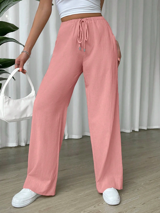 EZwear Linen Drawstring Waist Slant Pocket Wide Leg Pants