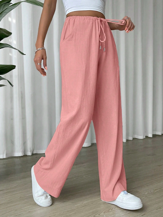 EZwear Linen Drawstring Waist Slant Pocket Wide Leg Pants