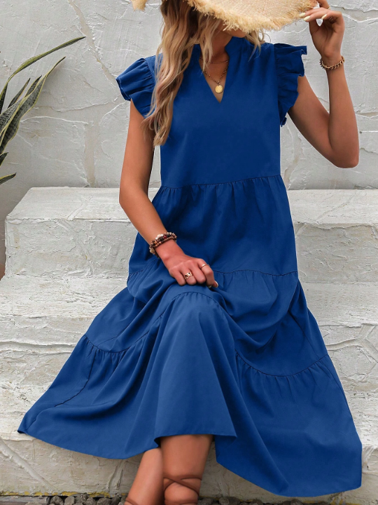 VCAY Notched Neckline Ruffle Trim Smock Dress