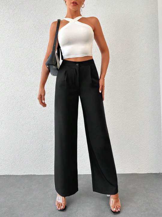 High Waist Plicated Detail Wide Leg Pants