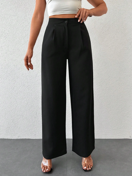 High Waist Plicated Detail Wide Leg Pants