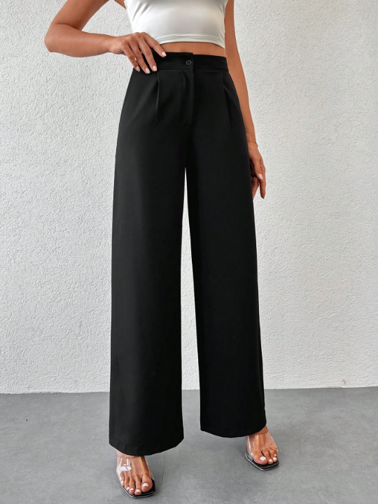 High Waist Plicated Detail Wide Leg Pants