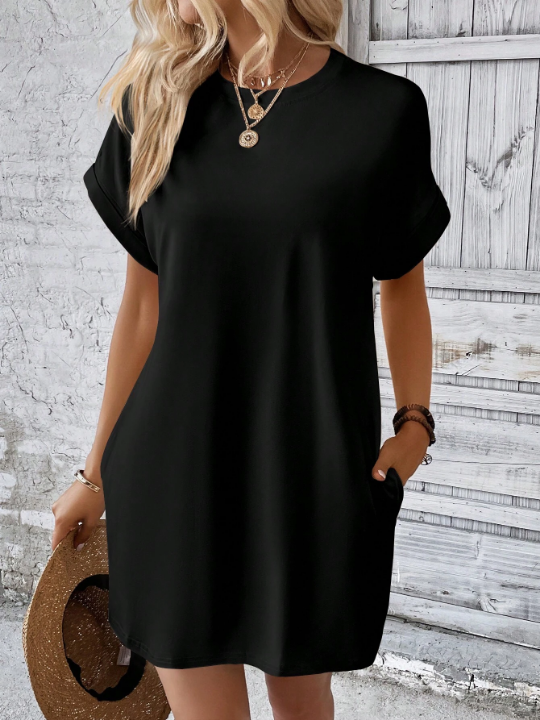 LUNE Solid Batwing Sleeve Hidden Pocket Tee Dress