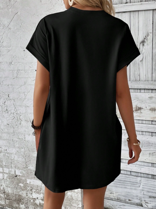 LUNE Solid Batwing Sleeve Hidden Pocket Tee Dress