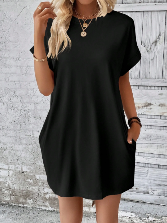 LUNE Solid Batwing Sleeve Hidden Pocket Tee Dress