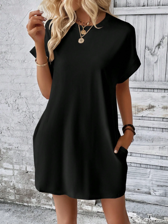 LUNE Solid Batwing Sleeve Hidden Pocket Tee Dress