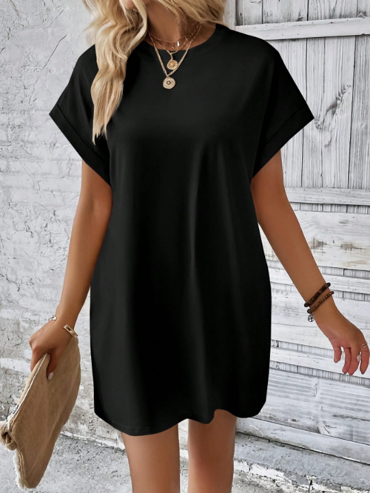 LUNE Solid Batwing Sleeve Hidden Pocket Tee Dress