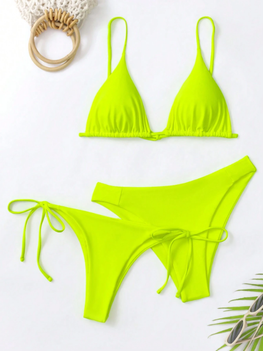 Swim Basics 3pcs Neon Lime Triangle Tie Side Bikini Swimsuit