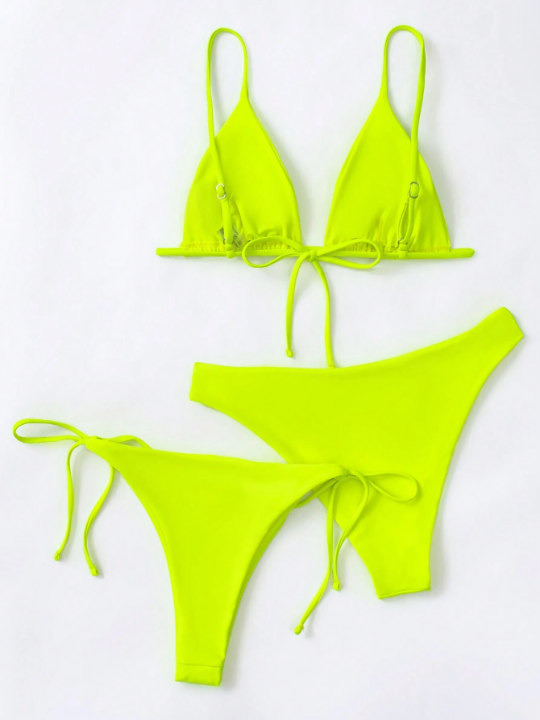 Swim Basics 3pcs Neon Lime Triangle Tie Side Bikini Swimsuit