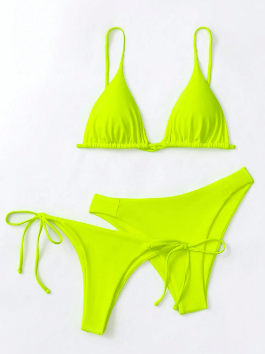 Swim Basics 3pcs Neon Lime Triangle Tie Side Bikini Swimsuit