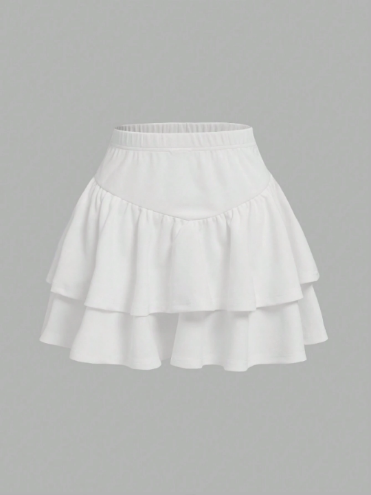 Tween Girl Solid Color Casual Skirt, Double Layered Hem Plain Skirt