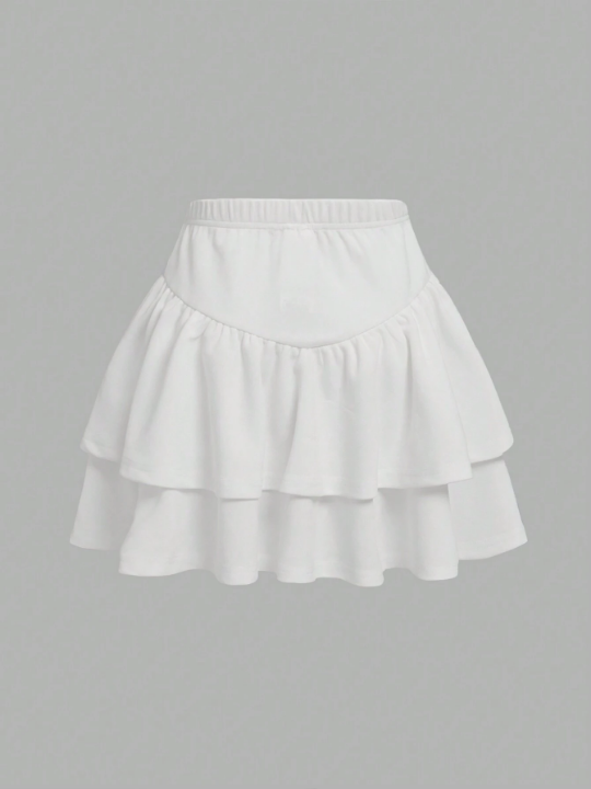 Tween Girl Solid Color Casual Skirt, Double Layered Hem Plain Skirt