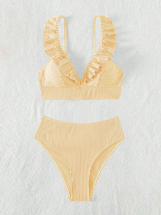 Striped Ruffle Trim Bikini Swimsuit