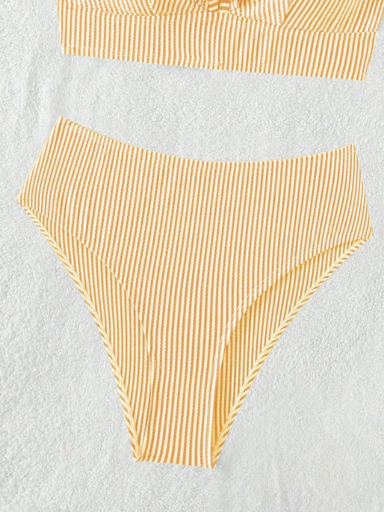 Striped Ruffle Trim Bikini Swimsuit