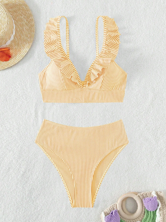 Striped Ruffle Trim Bikini Swimsuit