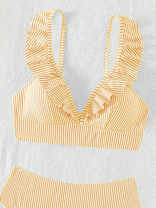 Striped Ruffle Trim Bikini Swimsuit