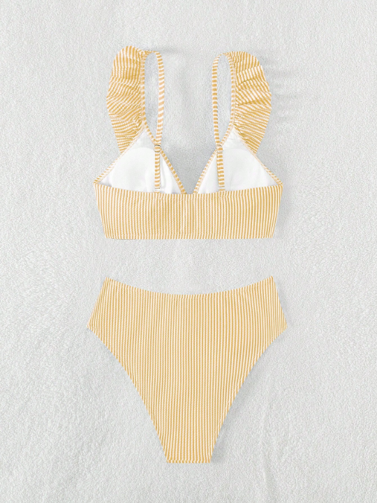 Striped Ruffle Trim Bikini Swimsuit