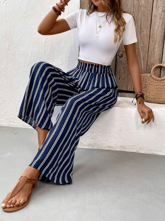 VCAY Striped Print Wide Leg Pants