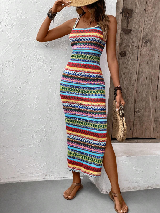 VCAY Summer Beach Geo Printed Slit Slim Fit Slip Long Dress